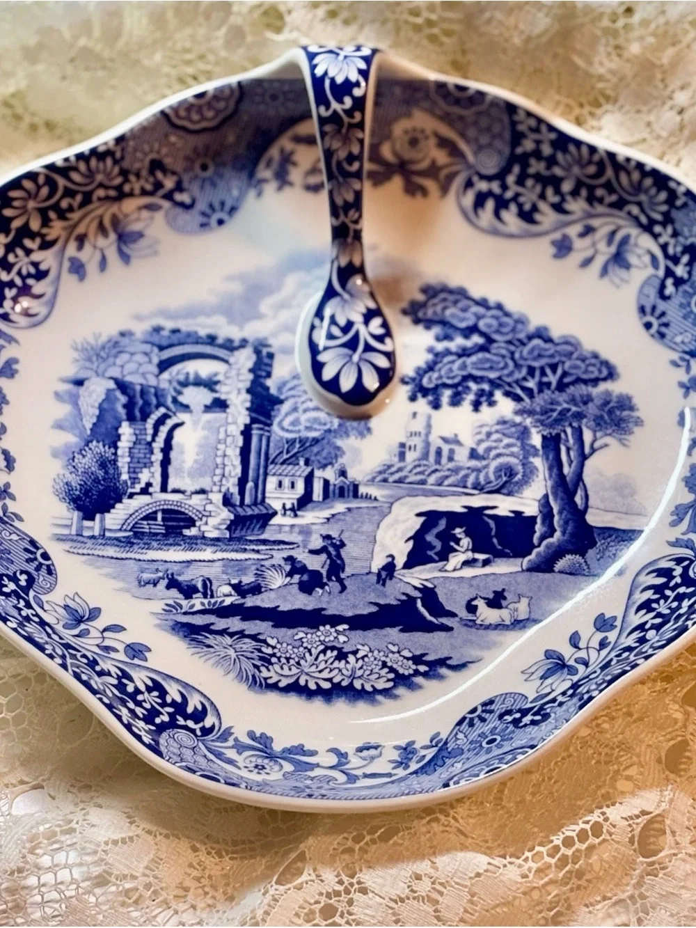 Spode Blue and White Transferware Serving Dish with Spoon